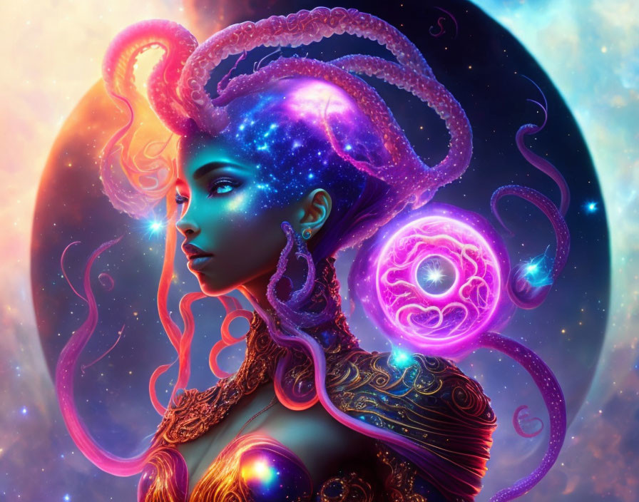 Cosmic-themed portrait of a woman with vibrant space colors and swirling galaxies