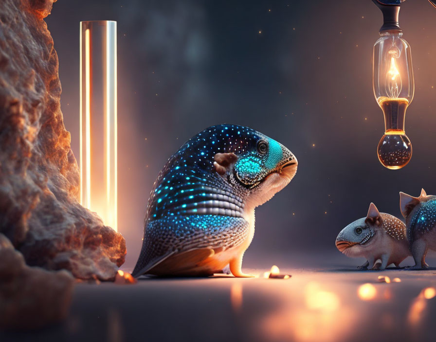 Glowing blue lizards with light pillar and suspended bulb in rocky scene