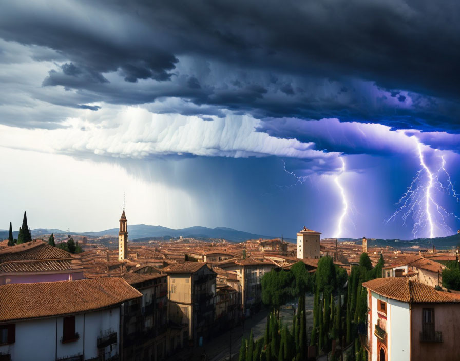 Dramatic thunderstorm with lightning over old town