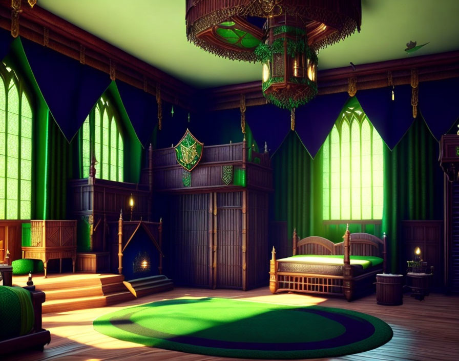 Medieval-themed bedroom with large bed, wooden furniture, chandelier, stained glass windows, green ambient