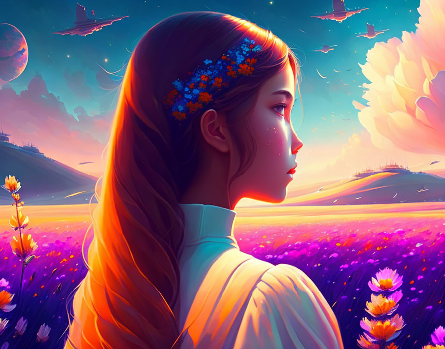Woman with floral headband in vibrant flower field under surreal sky
