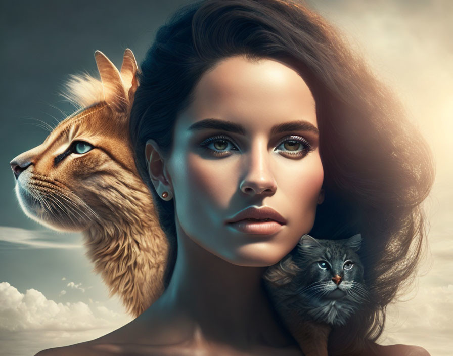 Digital art: Woman's face merges with lion and cat faces on cloudy background