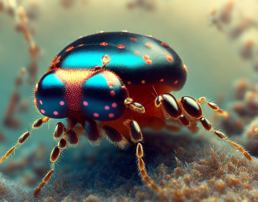 Colorful iridescent beetle with dotted and striped patterns on textured surface