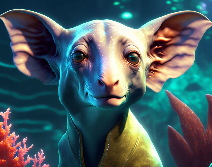 Animated creature with big ears and smile against underwater coral background