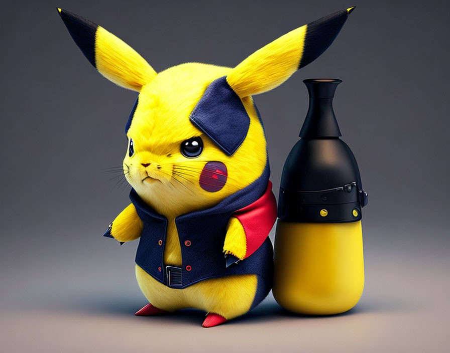 Stylized Pikachu with black and red jacket near large black bomb