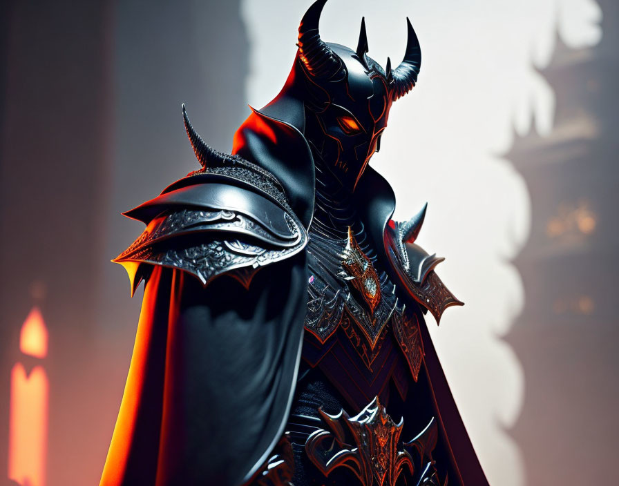 Menacing black and red armored figure with horns in misty setting