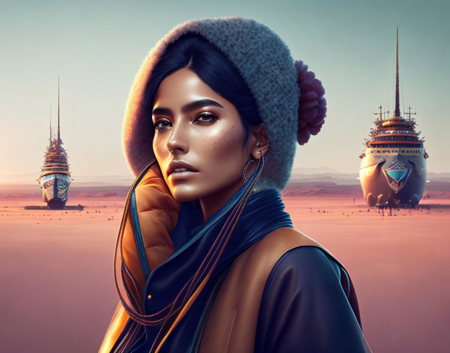 Digital portrait of woman in fluffy hat against desert backdrop with airships