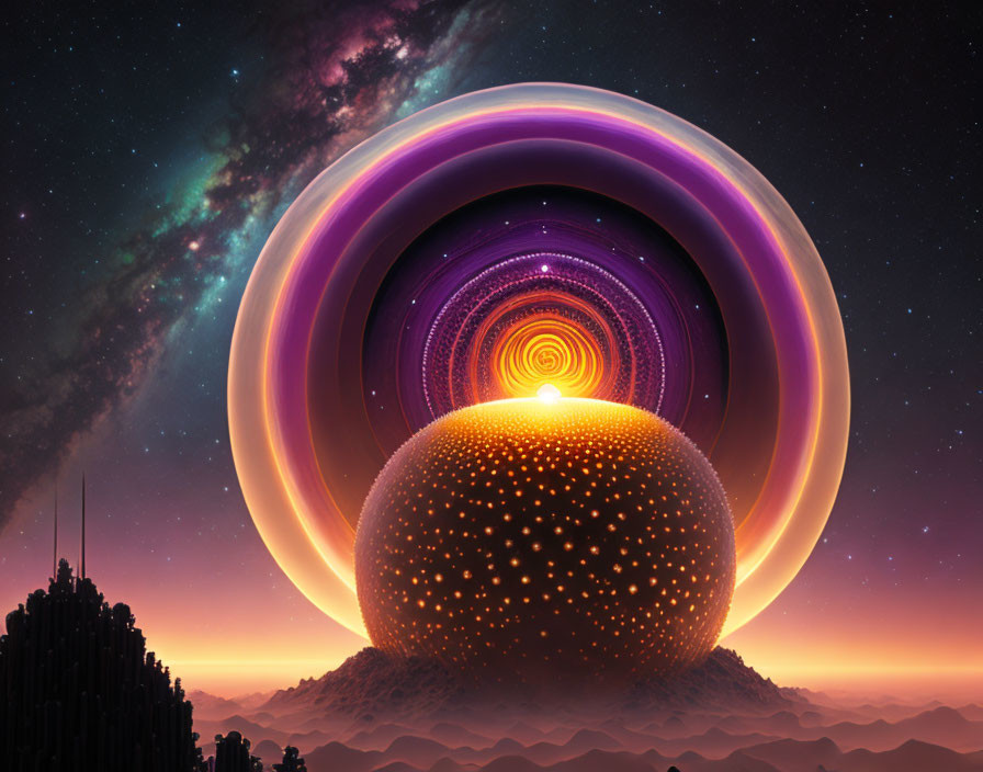 Surreal cosmic image: glowing orb, concentric circles, starry sky, silhouet