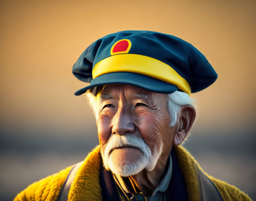 Elderly man with white mustache in red dot cap under warm light