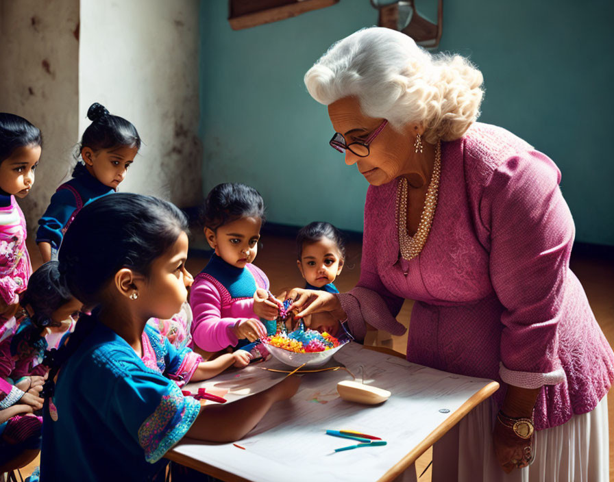 Elderly Woman with Children at Craft Table in Classroom