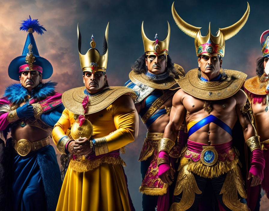 Four men in ancient warrior costumes with metallic armor and feathered headdresses against dramatic sky.
