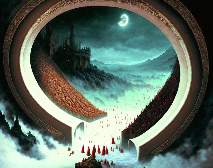 Surreal landscape with crescent moon, circular gate, red-robed figures, and distant castle