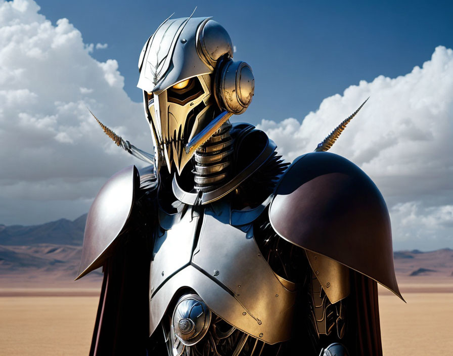 Futuristic knight in shining armor in desert landscape