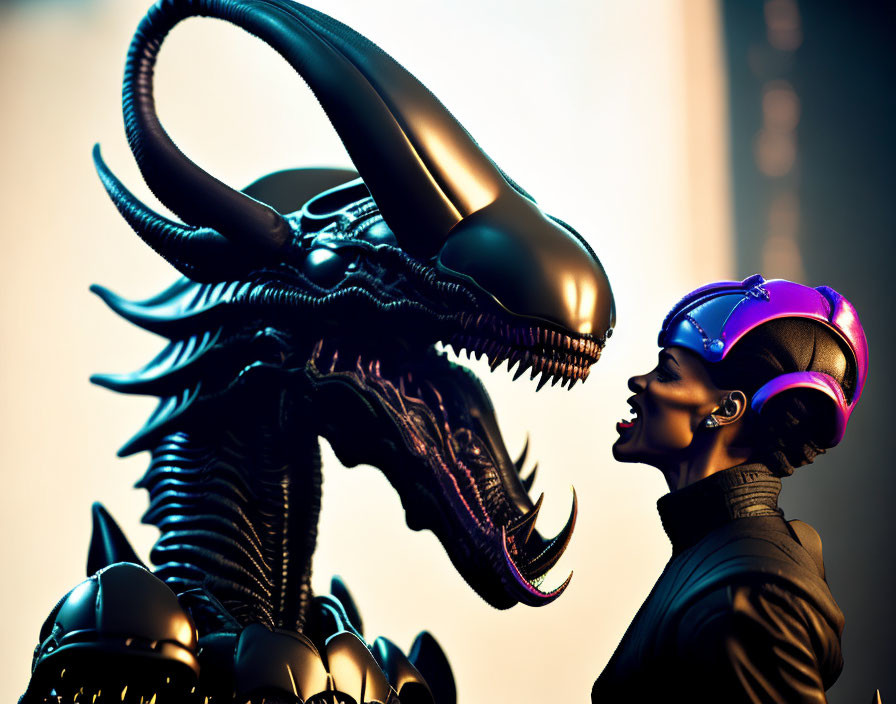 Purple helmet wearer interacts with stylized alien creature