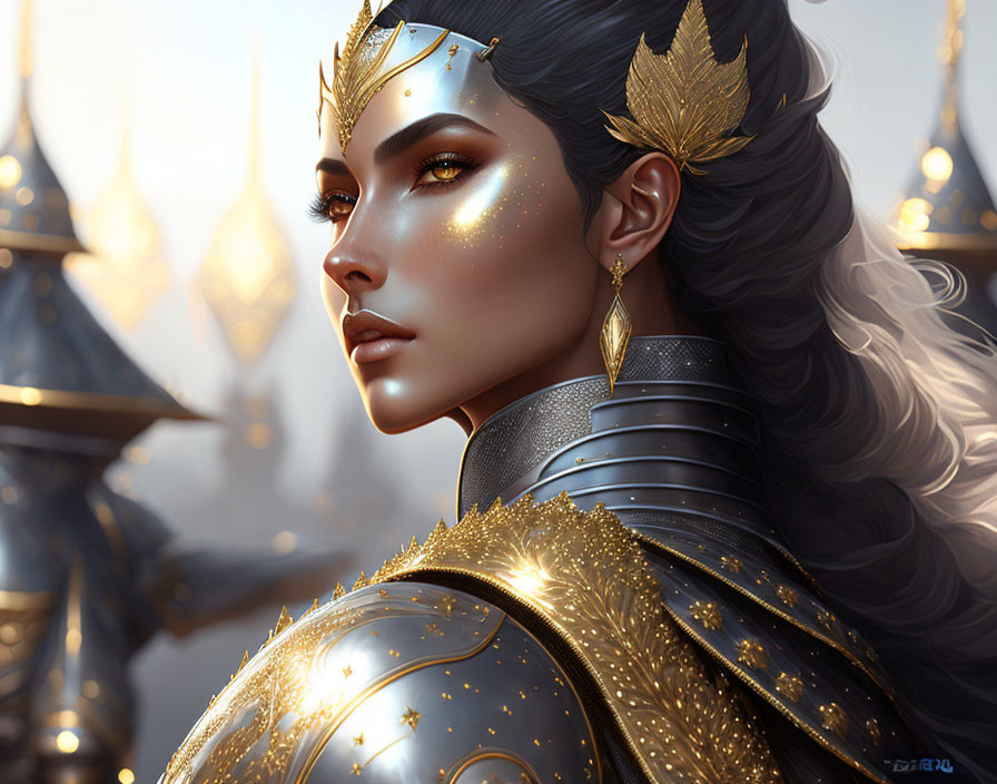 Regal woman in golden crown and intricate armor exudes power