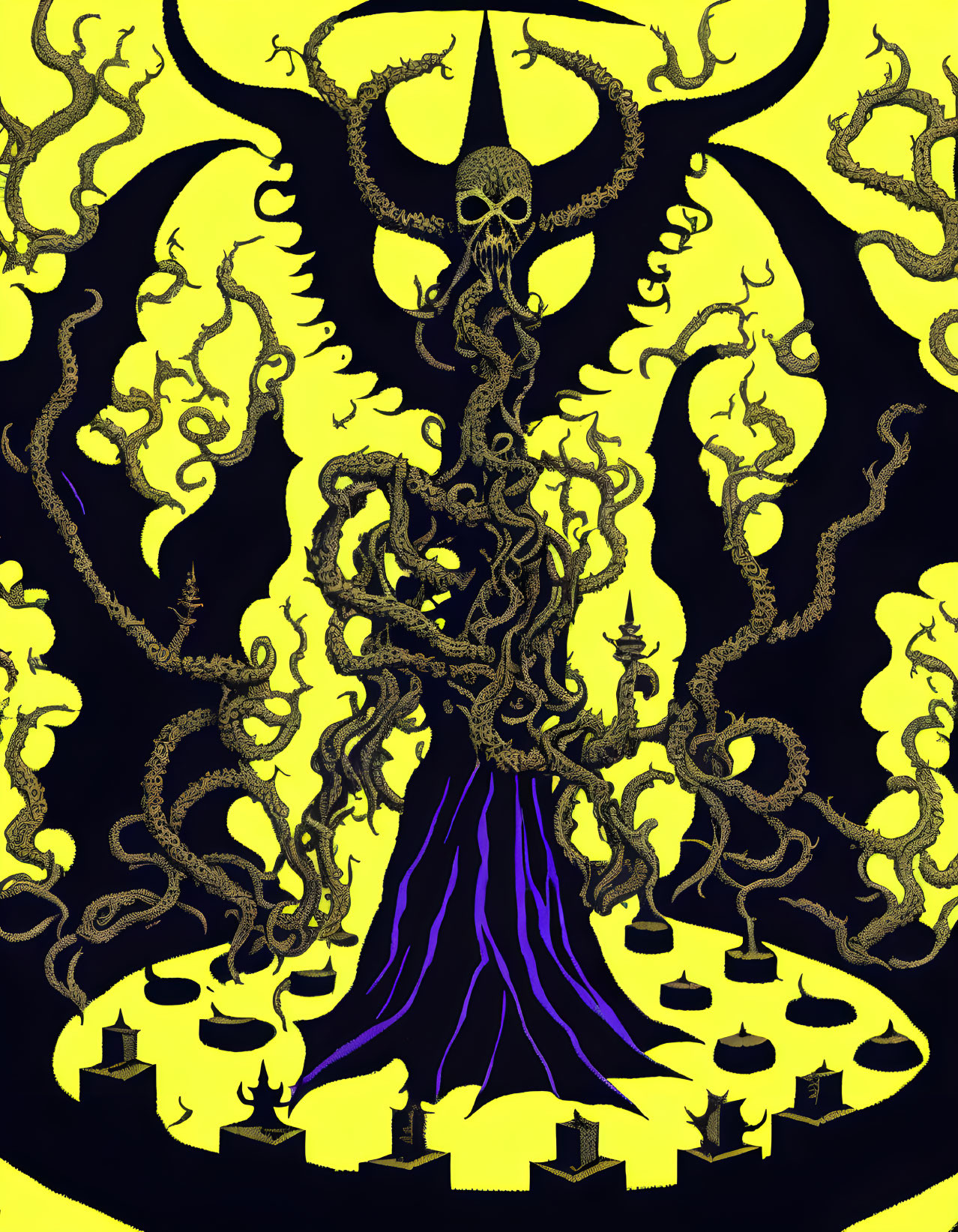 Menacing tree with skull and serpent shapes in yellow and black palette against cityscape