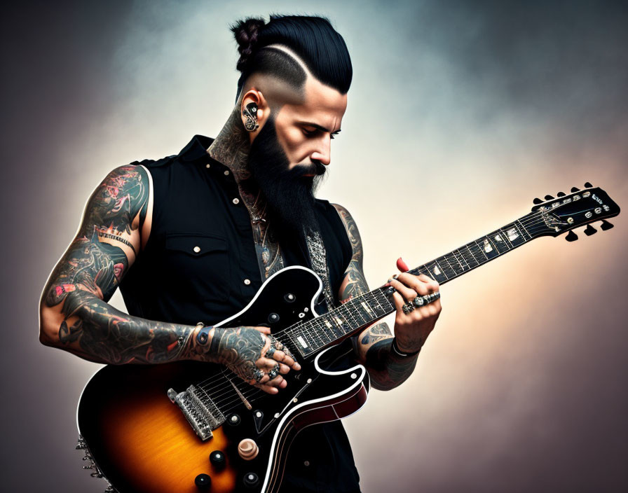 Bearded musician playing electric guitar with tattoos