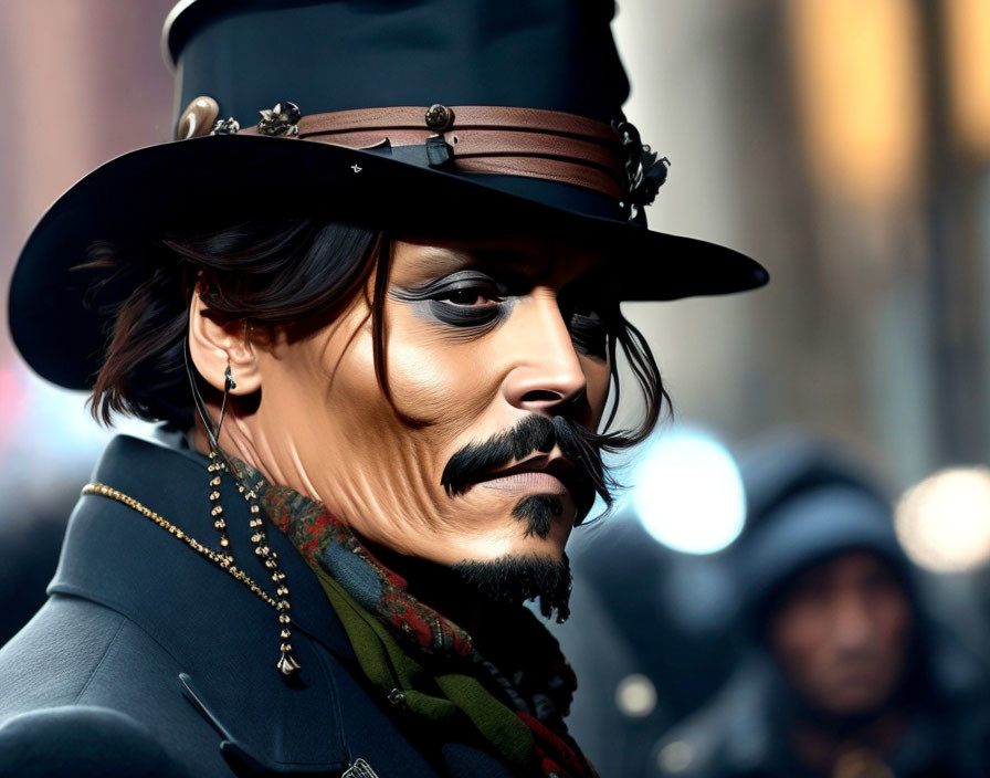 Steampunk-themed person with styled facial hair and adorned top hat