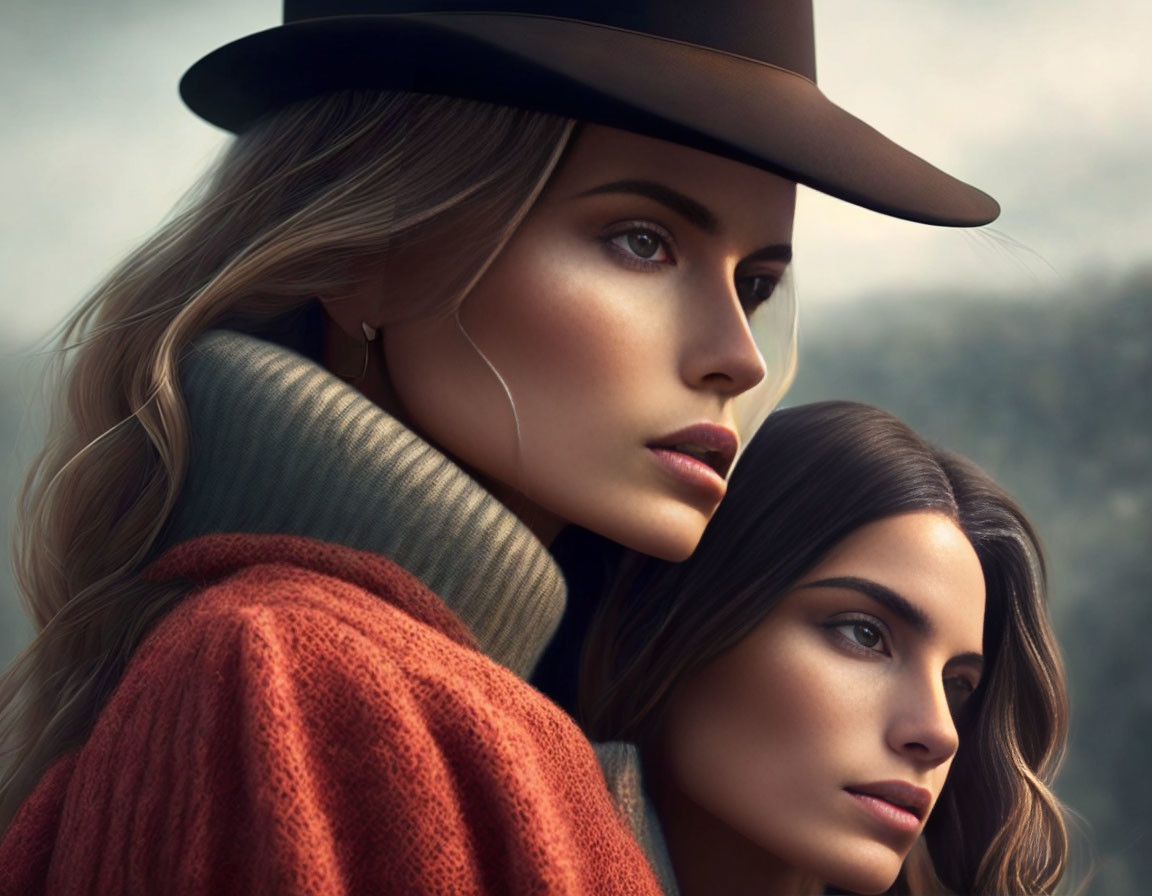 Two women with striking profiles in hats against a serene natural backdrop