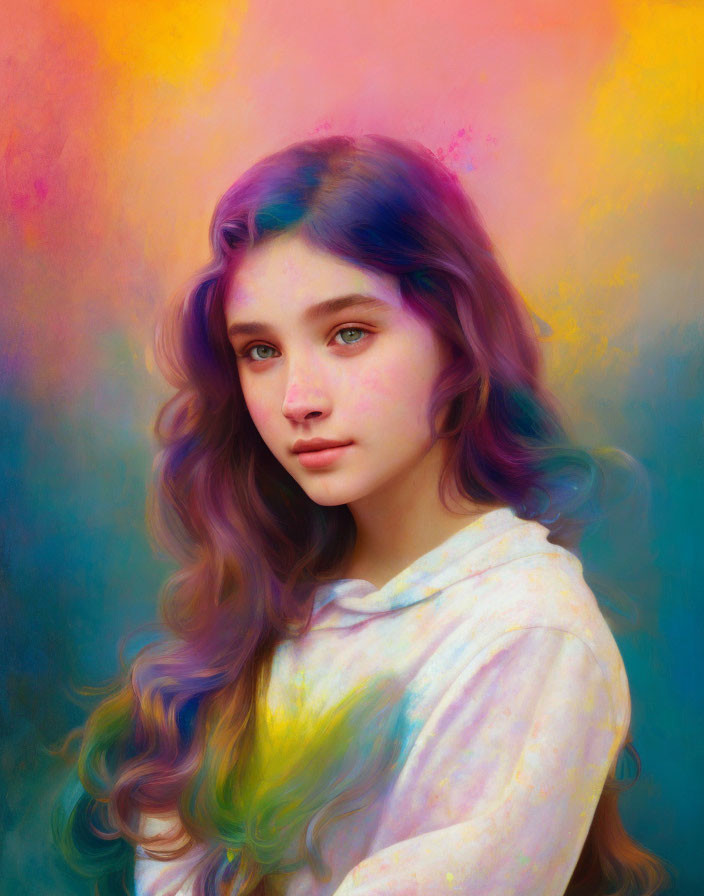 Young woman portrait with wavy hair and pastel multi-colored background