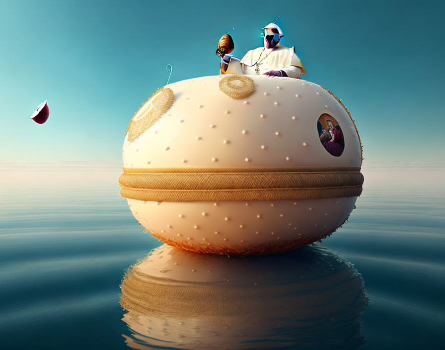 Futuristic individuals on textured sphere in serene setting