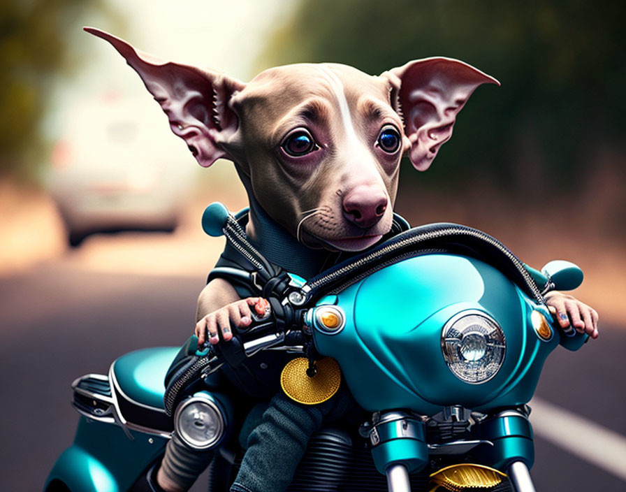 Brown Dog Sitting on Motorcycle with Oversized Ears and Focused Expression