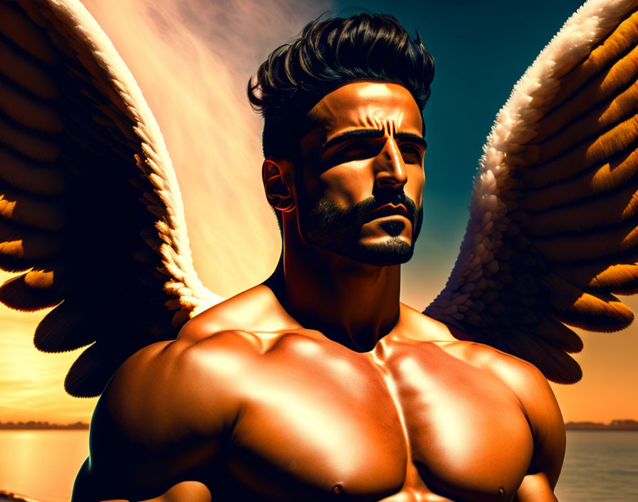 Muscular male figure with angel wings in sunset digital artwork