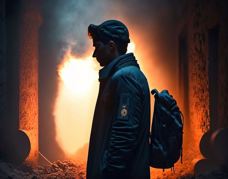 Silhouette of person in leather jacket with backpack against fiery backdrop