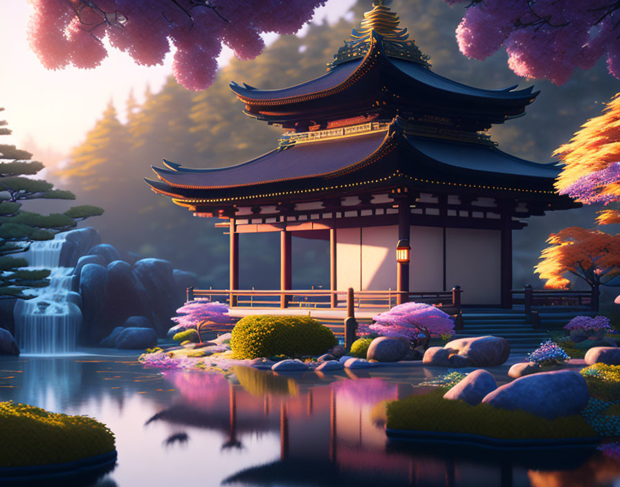 Japanese Pagoda by Tranquil Pond at Dusk with Cherry Blossoms