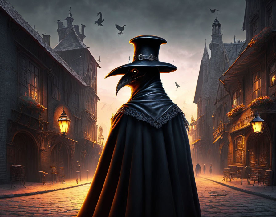 Plague doctor in beaked mask on eerie street with crows