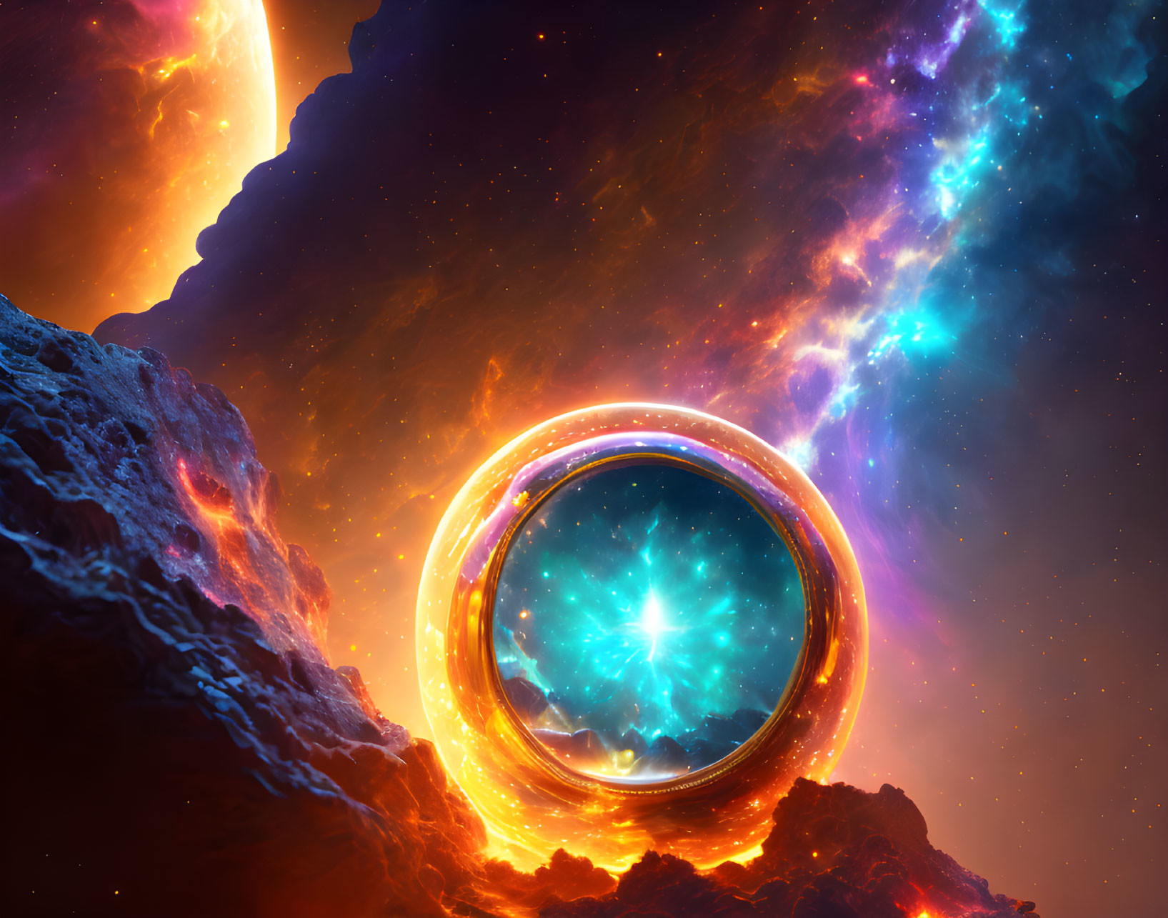 Colorful Cosmic Scene with Glowing Circular Portal and Starry Nebula