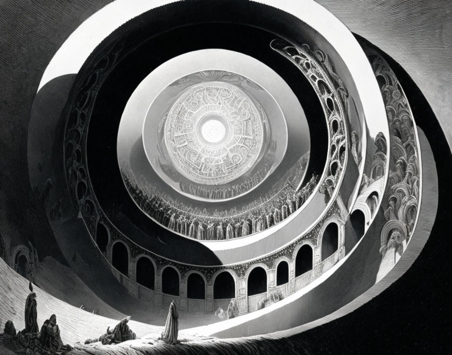 Detailed Black and White Drawing of Circular Architectural Structure