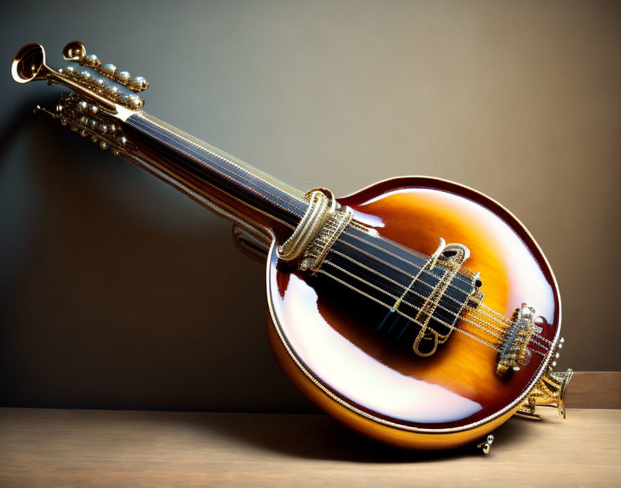 Sunburst-Finish Mandolin with Metal Strings and Tuning Pegs on Wooden Surface