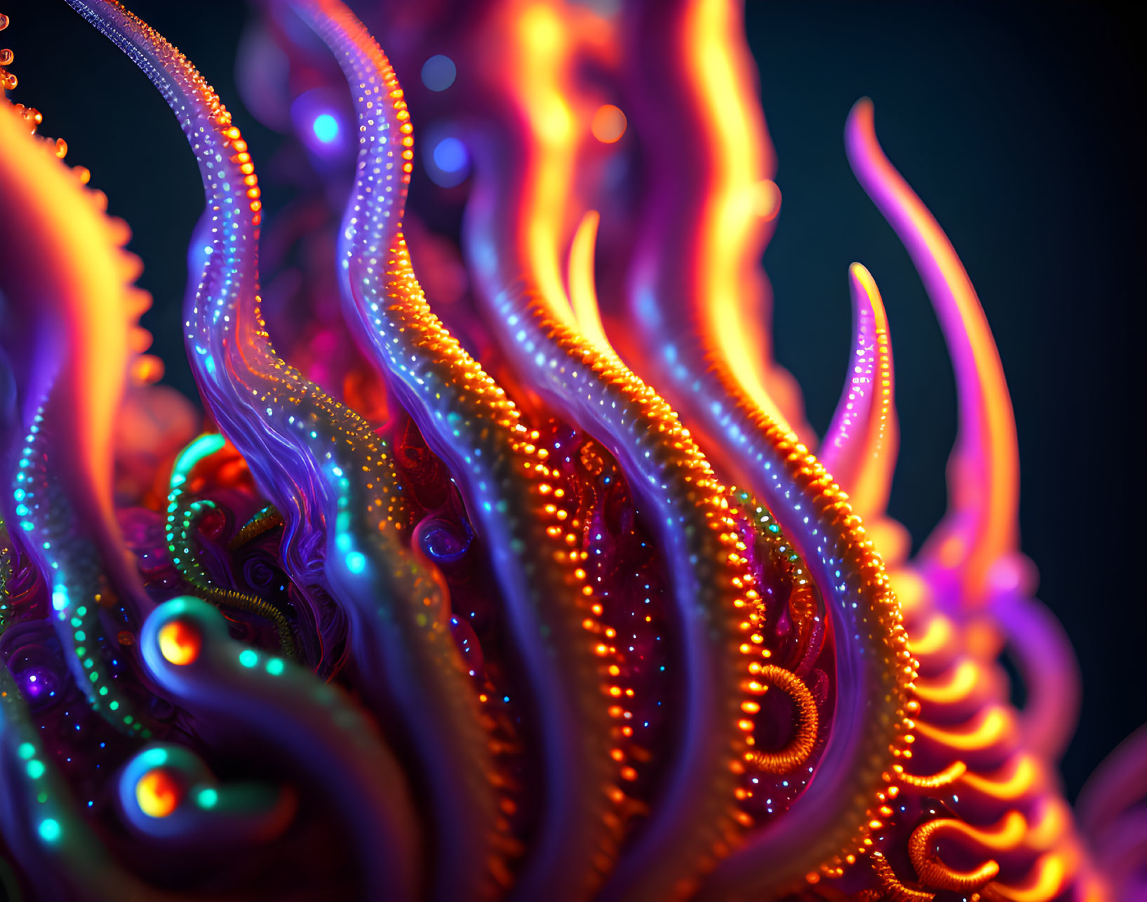 Vibrant abstract digital art: luminous tentacles on dark blue with intricate orange patterns