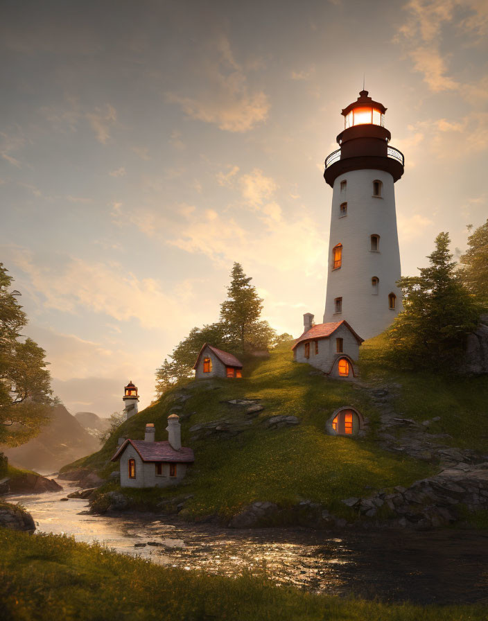 Lighthouse on grassy hill with cottages at sunset by gentle stream