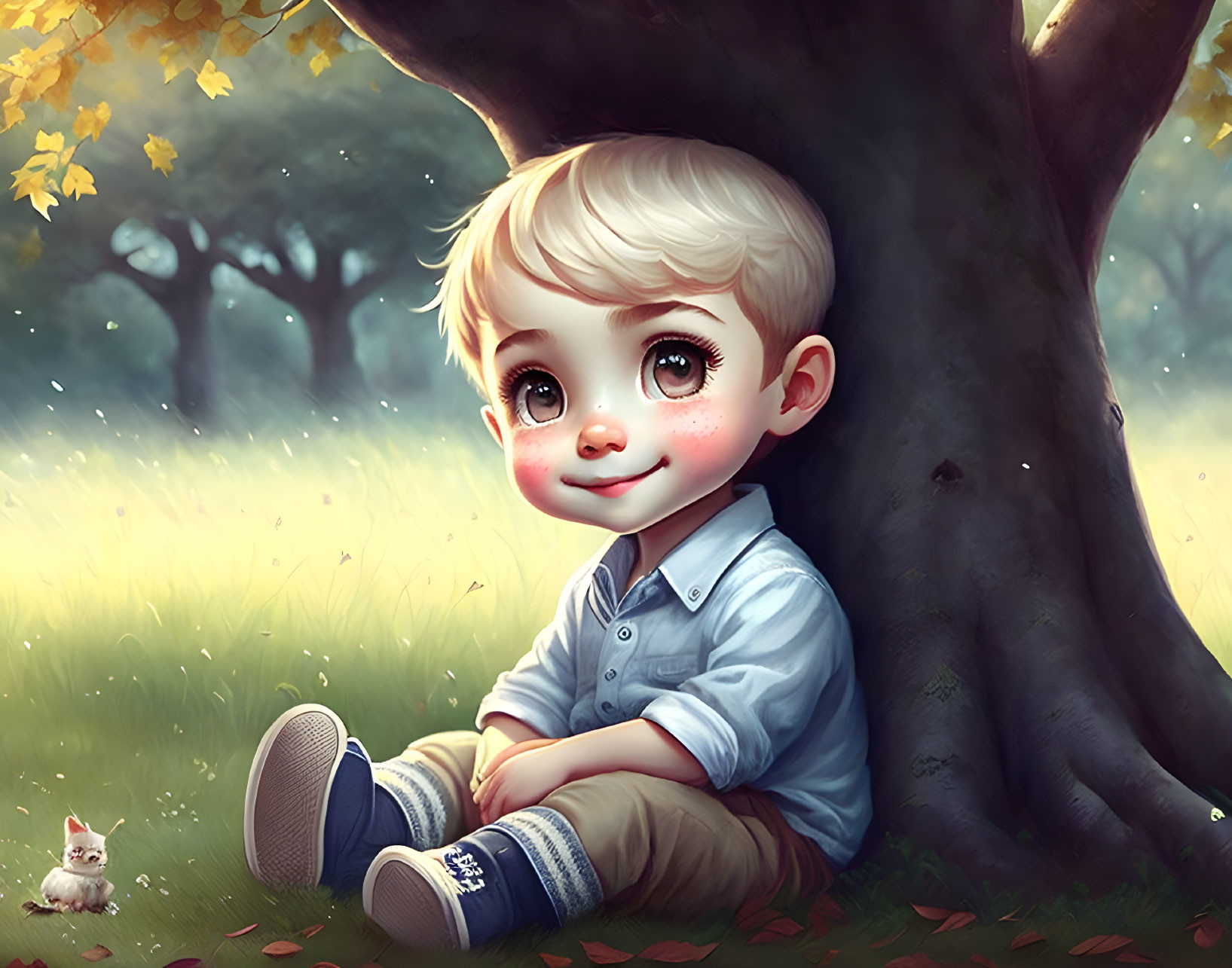 Digital illustration of young boy under tree with rabbit in sunlit field