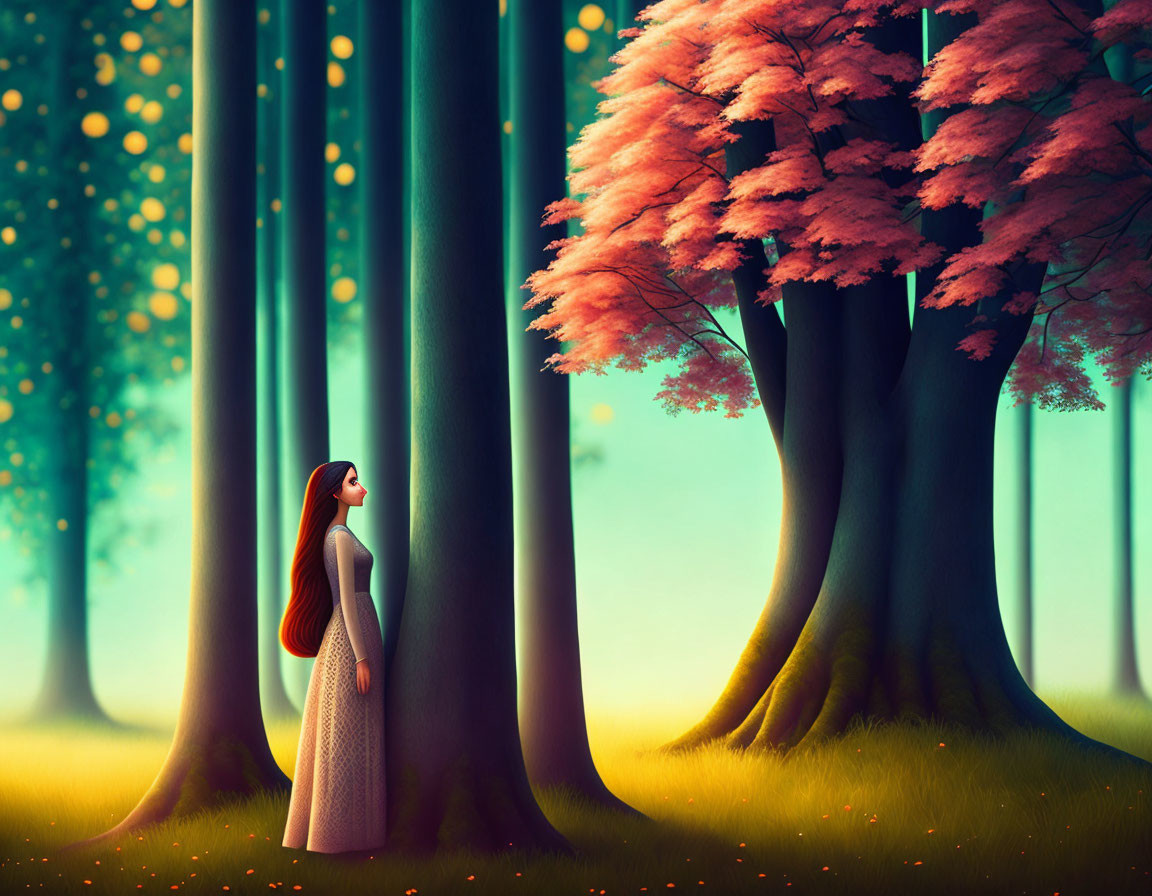 Woman in White Dress Surrounded by Tall Trees and Pink Cherry Blossom in Enchanted Forest