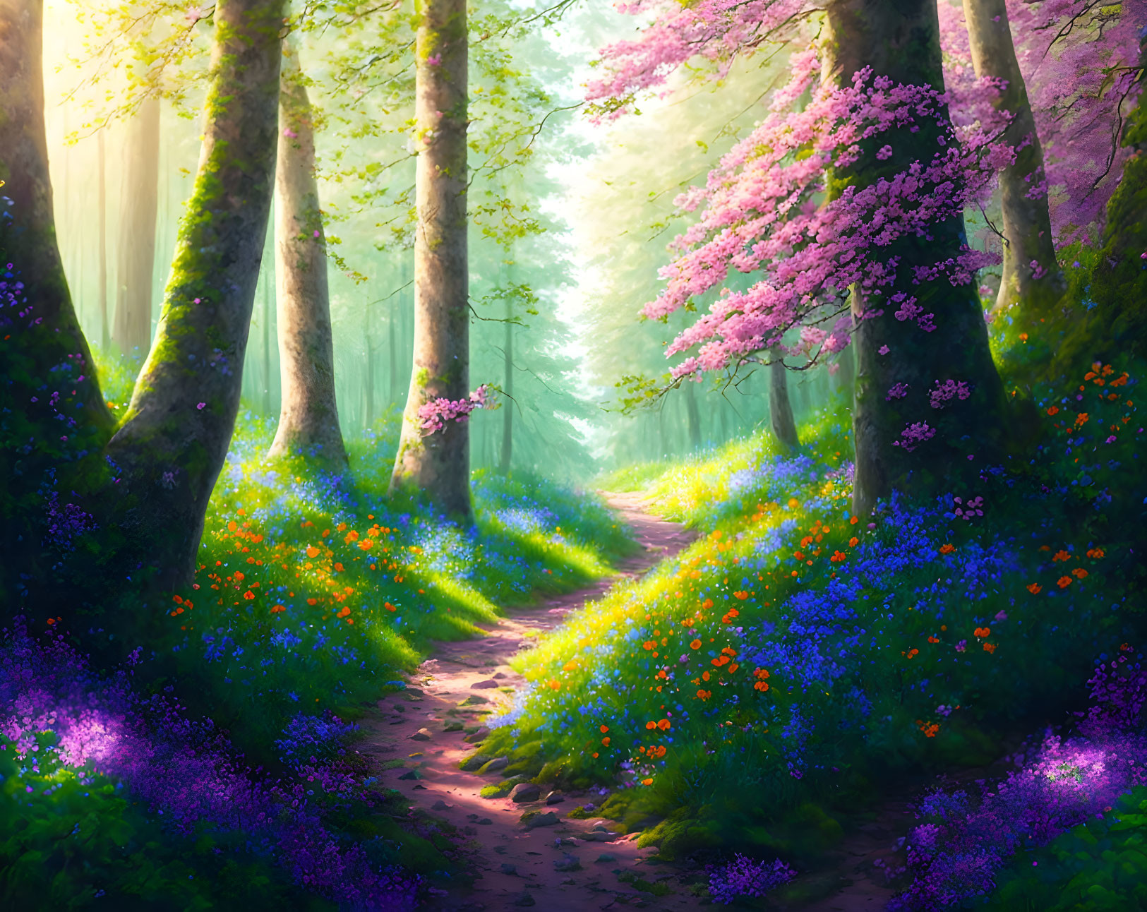 Enchanting forest path with vibrant flowers and lush green trees