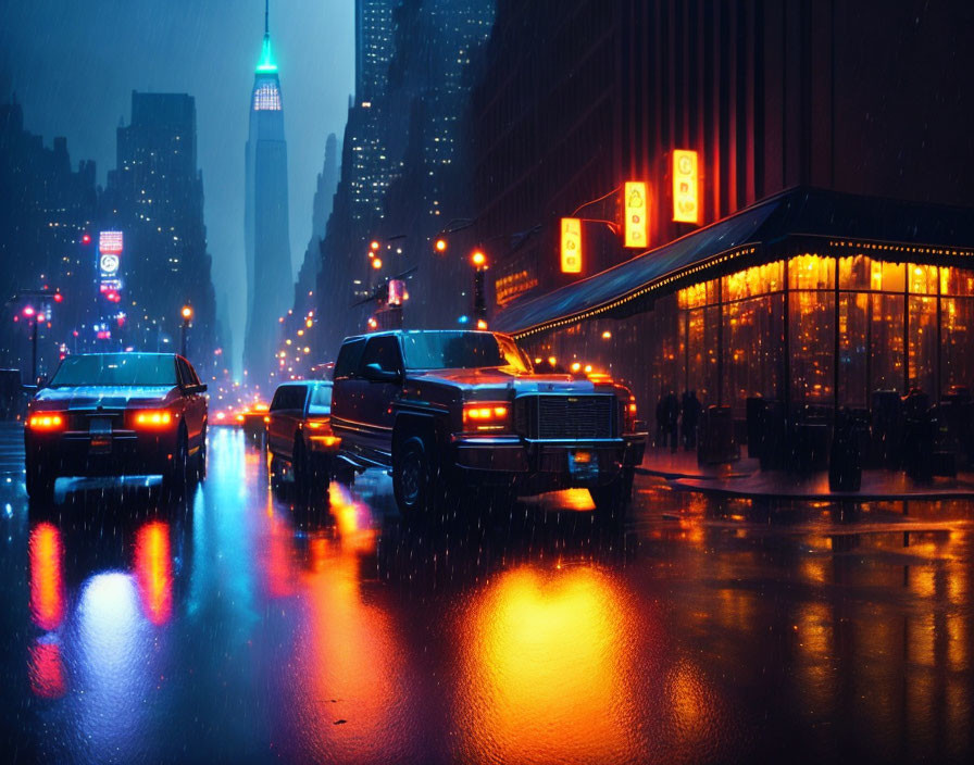 City street at night: rain-soaked with neon signs, reflections, cars, and illuminated building.