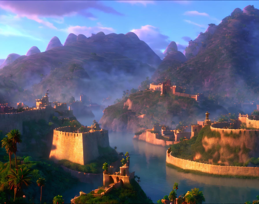 Vibrant animated landscape of tranquil river encircling fortified city at sunrise