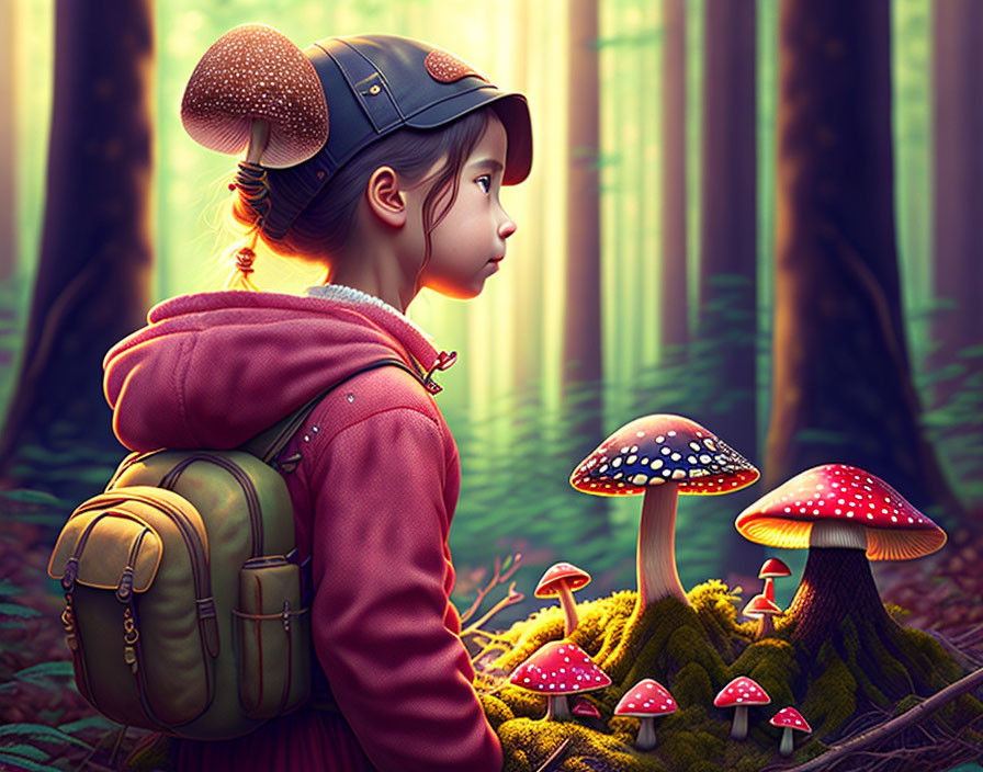 Child with cap and backpack admires vibrant mushrooms in enchanted forest under warm sunlight.