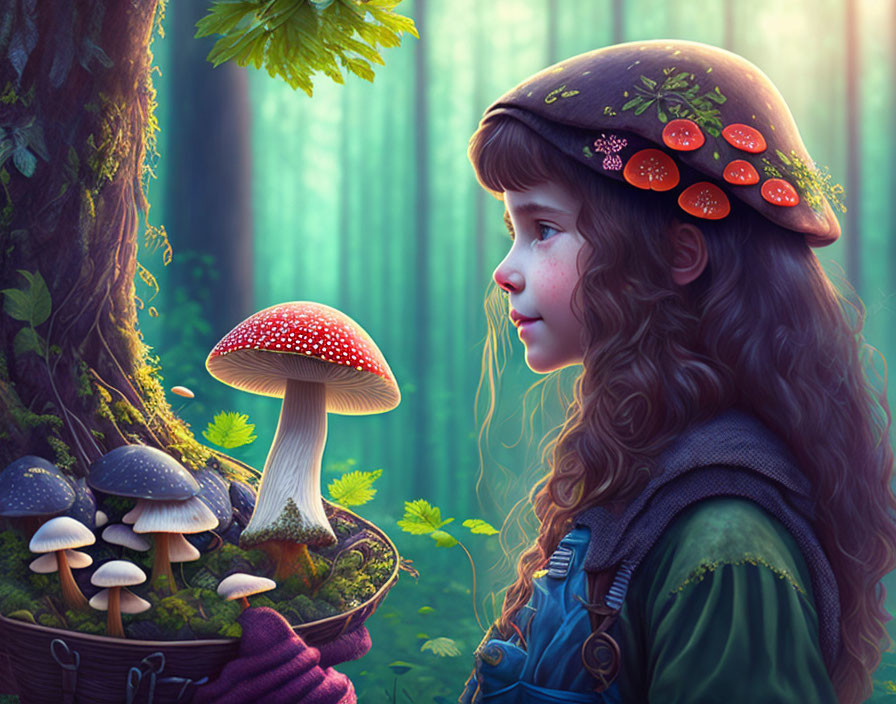 Young girl with mushroom cap in enchanted forest scene.