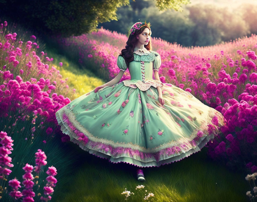 Woman in vintage green dress with pink flowers in lush, purple-flowered field gazes afar