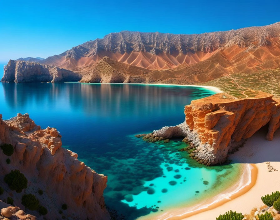 Turquoise Sea, Sandy Beach, and Rugged Mountains in Coastal Landscape