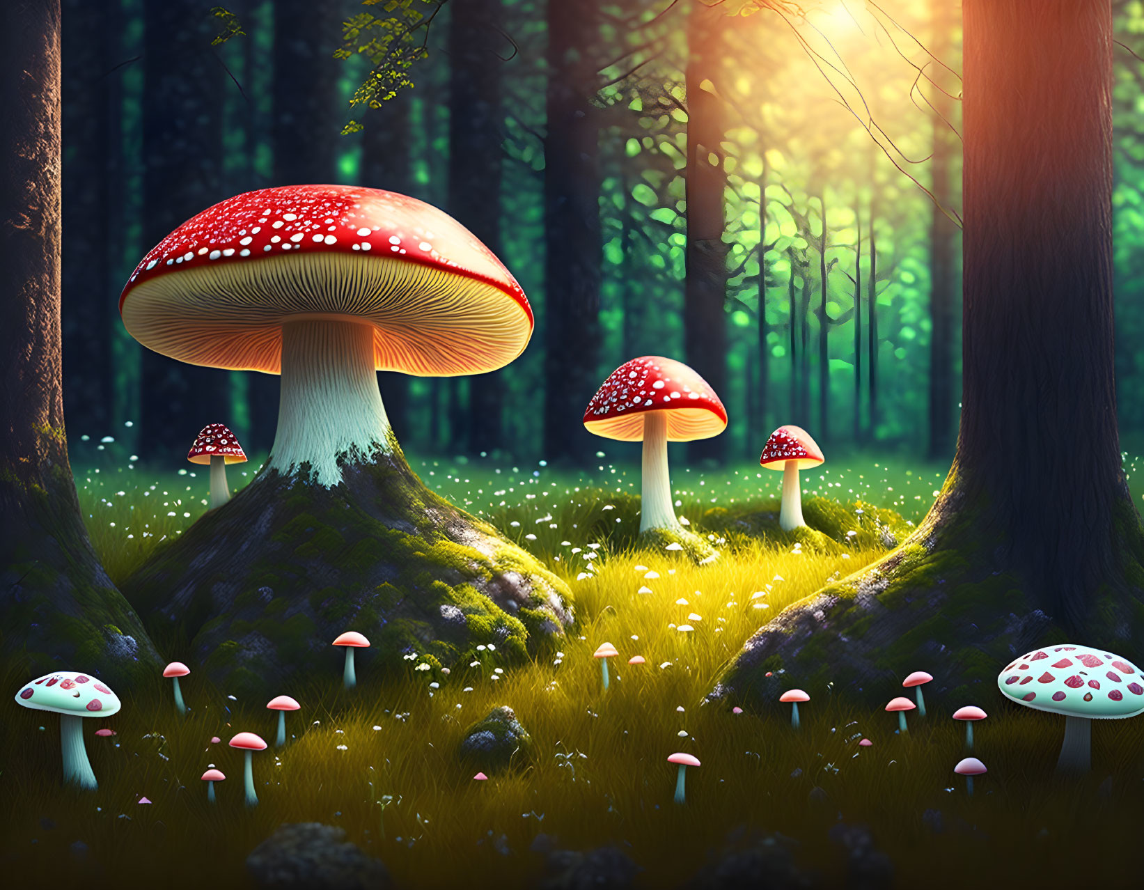 Enchanted forest with oversized red mushrooms and sun rays piercing through trees