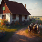 Rustic cottage with red roof in sunset fields with horses.