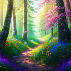 Enchanting forest path with vibrant flowers and lush green trees