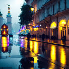 City street scene on a rainy evening with people, bus, and church silhouette