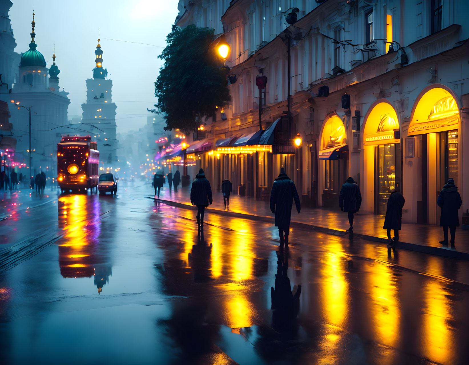 City street scene on a rainy evening with people, bus, and church silhouette