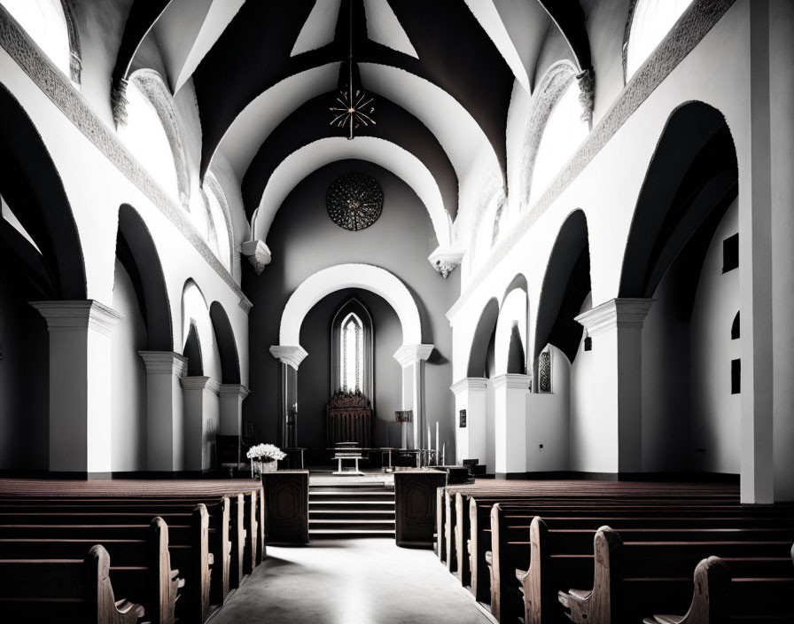 Church interior with arches, white walls, dark ceiling, pews, and pipe organ under round